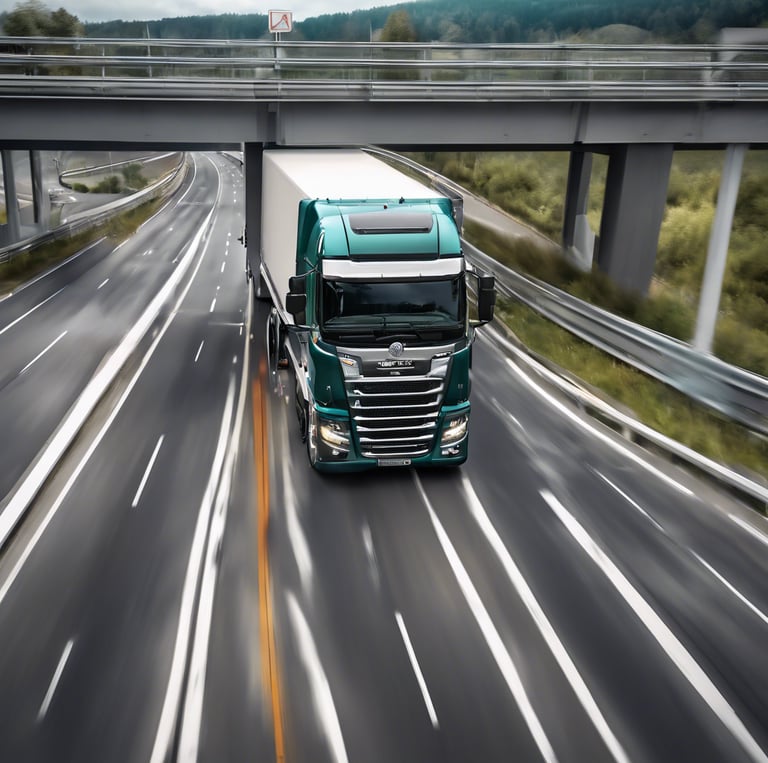 a truck driving down a highway with a bridge over it