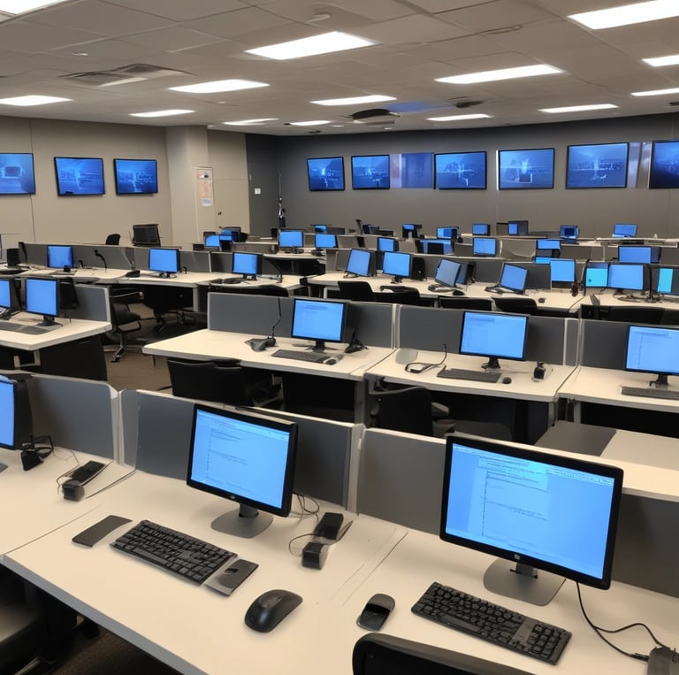 A dimly lit computer lab features several workstations with monitors and keyboards arranged in a line. A design composed of blue lines and the word 'Amcbridge' is visible on the wall. Vertical blinds partially cover the window, letting in minimal light.