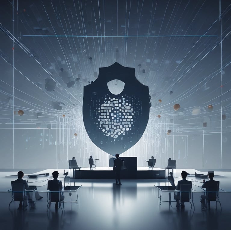 A modern office space with computers and cybersecurity graphics on screens.