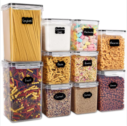 Vtopmart 10-piece airtight pantry storage set for flour and sugar with blue silicone seals.