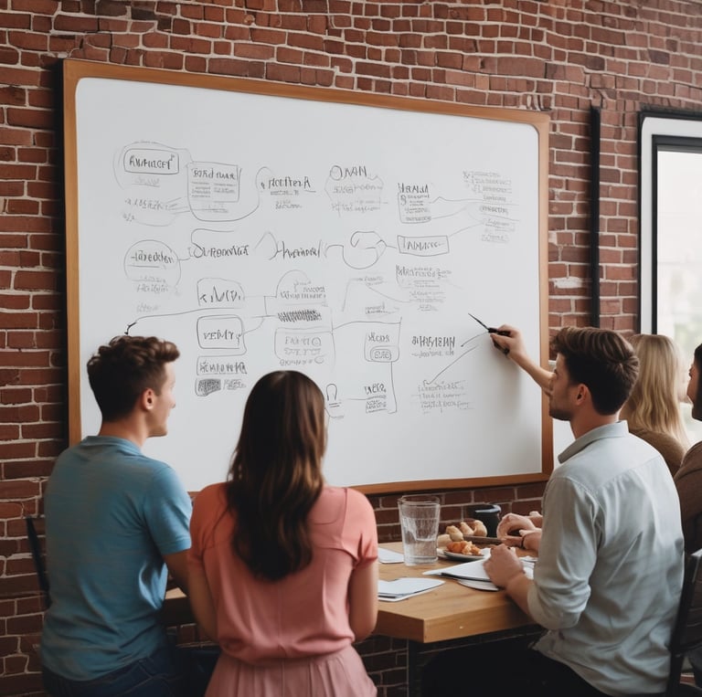 a group of people sitting at a table with a white boarder