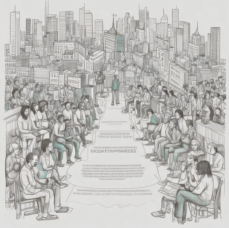 A diverse group of people engaged in a thoughtful discussion outdoors.