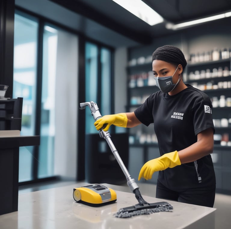 A person is cleaning a glass surface on a modern building using a squeegee. They stand on a narrow ledge with a safety harness attached. Another person is on an escalator inside the building, partially visible through the glass.