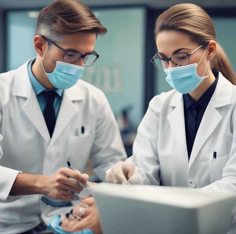 A dental office sign with a large toothbrush and oversized teeth protrudes from the side of a brick building. Above the sign, a mannequin styled like a trapeze artist swings from a trapeze bar, adding a whimsical element to the scene. The sky is overcast, and the building facade features various textures such as metal and stone.