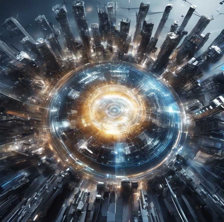 a cityscape with a circular shaped object in the center