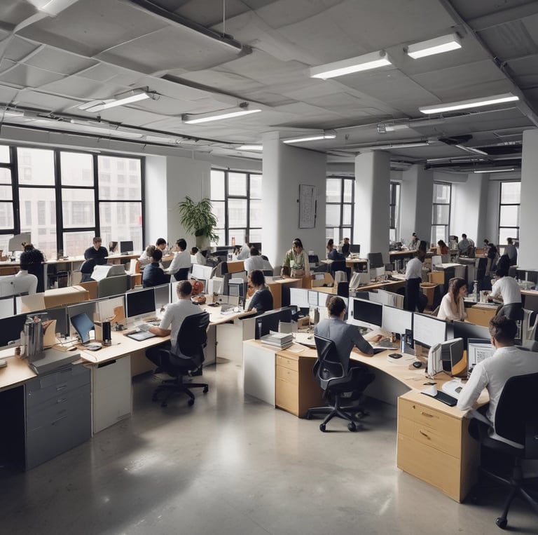 Several people are working in an industrial setting, stacking and organizing white plastic crates. They are wearing work uniforms, and the environment appears to be a storage or processing facility with overhead lighting and large doors in the background.