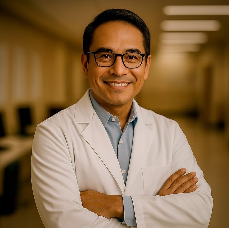 Smiling male concierge doctor with glasses in a lab coat, standing in a hospital hallway.