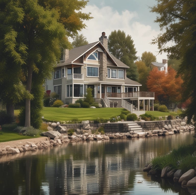 A residential building with a white exterior and a green door. Palm trees and shrubs line the front, while a small lawn is visible in the foreground. The building has an upper balcony and a staircase leading upstairs.