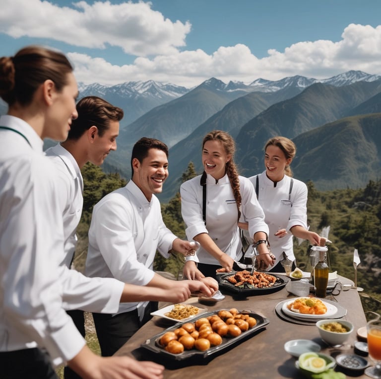 A diverse group of chefs and service staff smiling together in a kitchen setting.