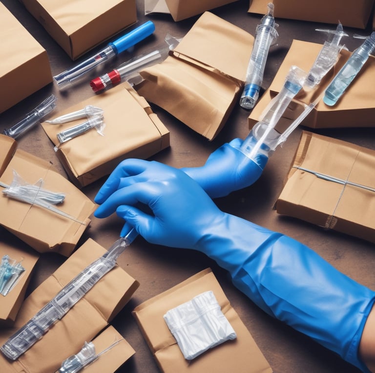 A healthcare professional examining medical supplies in a well-organized storage room.