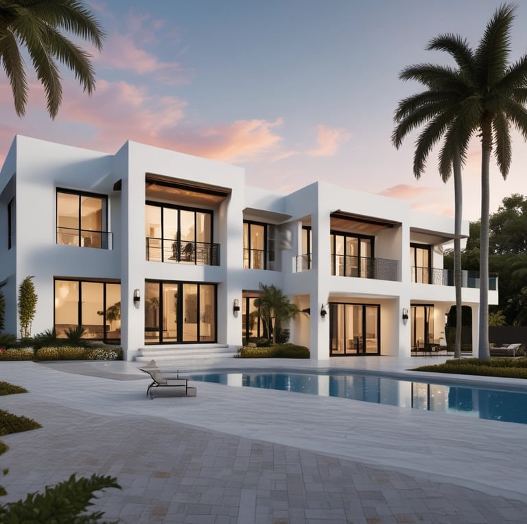 A residential construction site features several houses in various stages of development. The house in the foreground is partially built, with its structure framed and covered in yellow Tyvek sheathing. Other houses in the background appear more complete, displaying dark blue and mustard yellow siding. A yellow temporary fence runs along the edge of the site, and construction materials are scattered across the ground. A cloudy sky looms overhead, contributing to a subdued atmosphere.