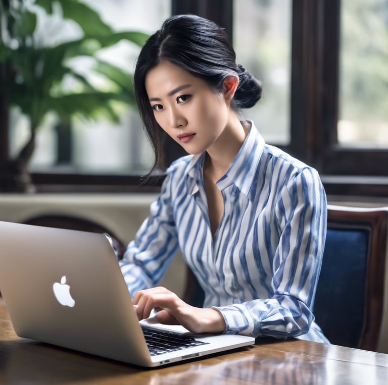 man in blue and white plaid dress shirt using macbook pro