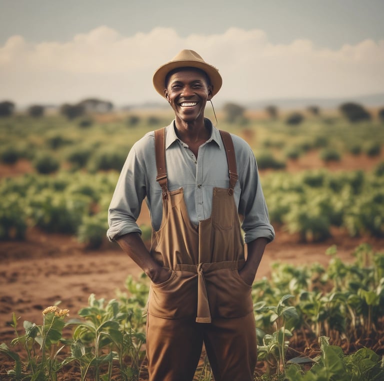 A vibrant market scene showing African farmers proudly displaying fresh organic produce under the bright sun.
