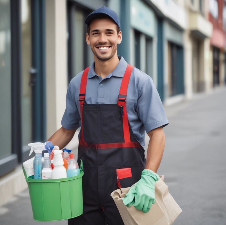 A dry cleaning shop named 'HLP Cleaners' is located on a dimly lit street. The store has a prominent sign above the entrance, and its windows are illuminated with a warm yellow light. A sign on the door lists services such as dry cleaning, laundry, and suede & leather cleaning. The building exterior is simple with a combination of dark tiles and light-colored upper walls. The entrance is flanked by two closed doors, likely of neighboring establishments.