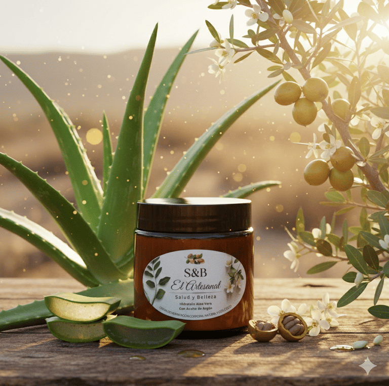 S&B El Artesanal natural moisturizing body cream with aloe vera and argan oil on a rustic wooden surface.