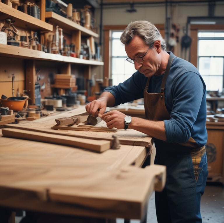 A person wearing traditional clothing is working meticulously on what appears to be an intricately designed wooden furniture piece or artifact. The background shows a large quantity of stacked wooden planks, indicating a workshop or carpentry setting.