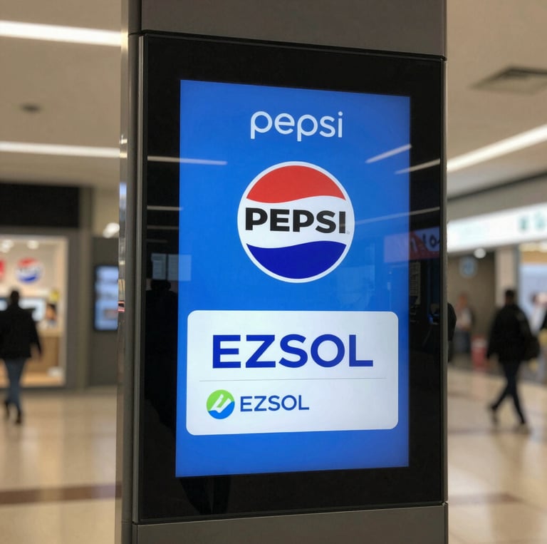 Two people are standing in an office setting, looking at a large wall-mounted screen displaying a message about a media wall. One person is holding a drink, and the environment includes a chest of drawers, glass walls, and overhead lights.