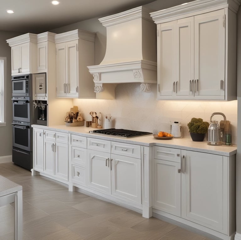 A modern kitchen interior featuring sleek cabinetry and a bright, spacious countertop layout. A large window reveals lush greenery outside, enhancing the natural light flooding the room. Appliances like a stovetop and an oven are integrated seamlessly into the design. A stool and kitchen accessories like a cutting board and a potted plant decorate the space.