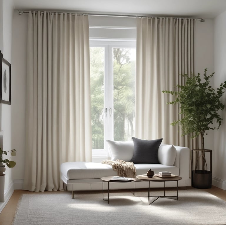 Golden curtains with folds and soft textures are prominently displayed, creating an impression of elegance and luxury.
