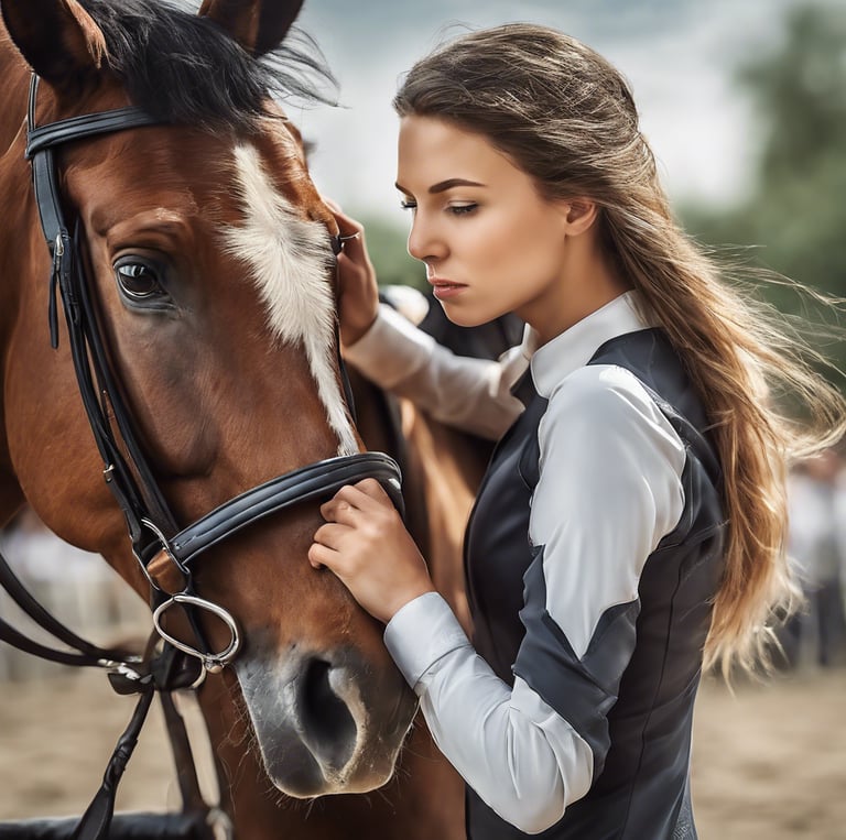 A person in equestrian attire is standing beside a horse. The individual is wearing a helmet and a patterned coat, holding the horse by the reins. The horse has a strikingly marked face with a white blaze. The image is in black and white, creating a classic and elegant feel.
