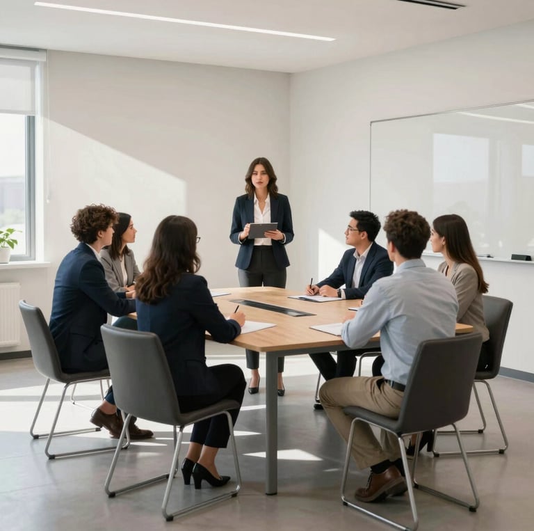 Modern office space with team collaborating on AI training materials under natural light