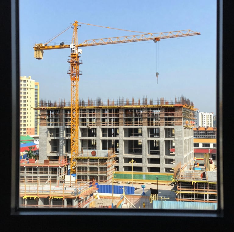 A friendly project manager reviewing blueprints on a construction site with workers in the background.