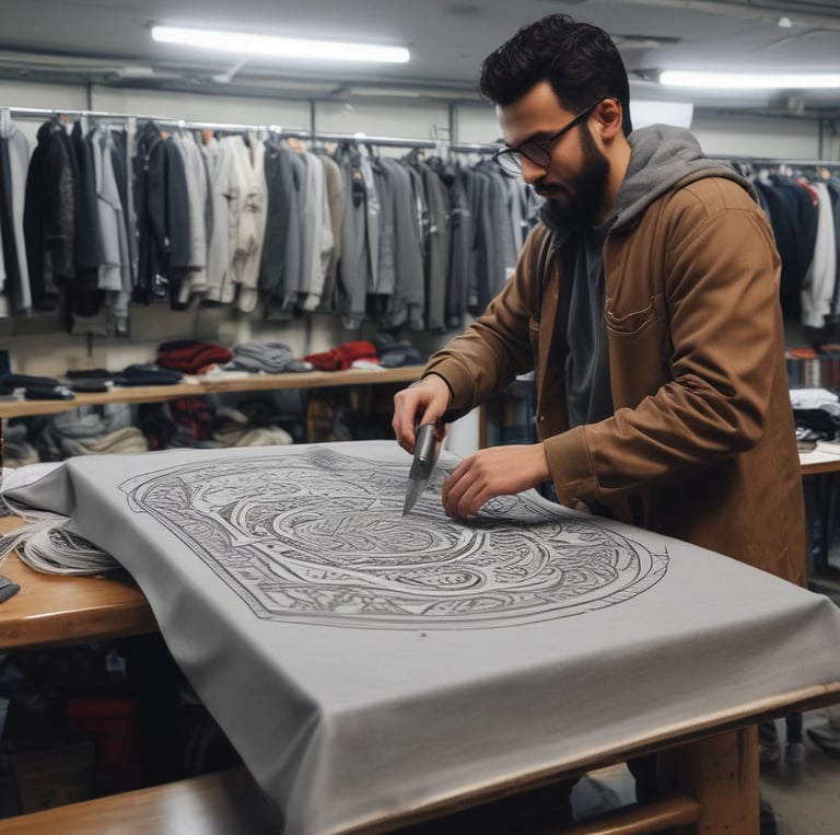 A shop filled with colorful textiles, jewelry, and crafts. A person in traditional clothing stands inside, examining an item. The walls and displays are adorned with intricately designed fabrics, beads, and ornaments.