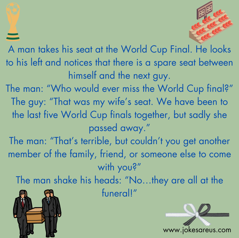 A pic of world cup, stadium seats, and a funeral with a funny joke
