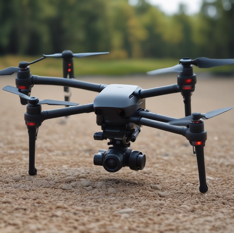 Drone flying over industrial equipment capturing thermal and 3D data.
