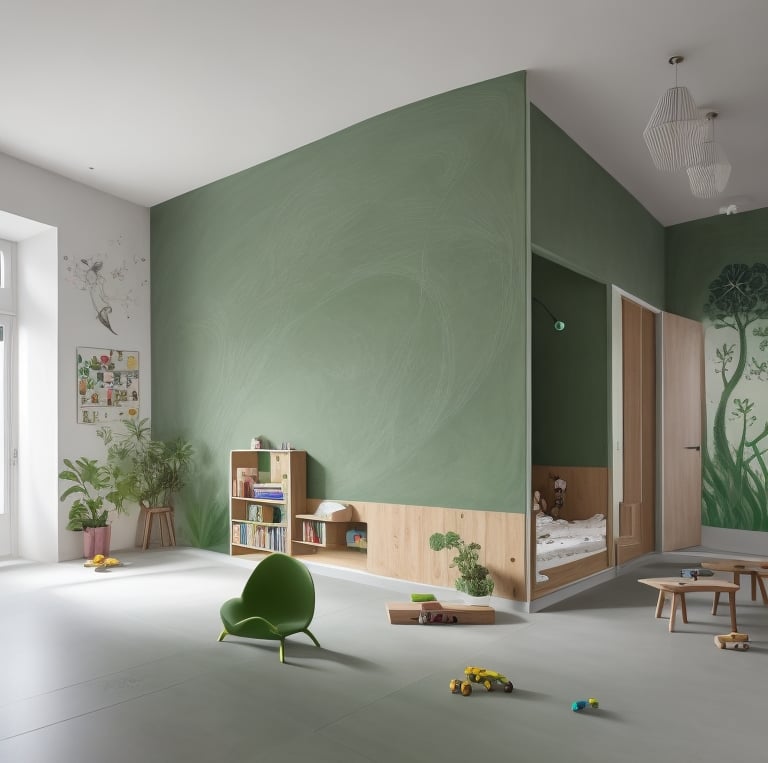 a room with a green chair and a green chair