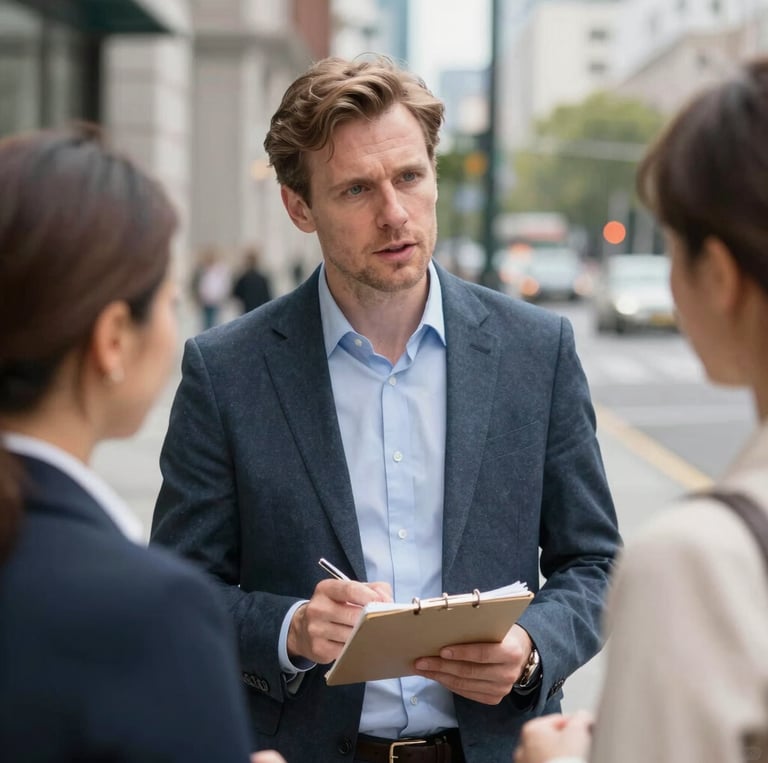 A police officer wearing a bright yellow jacket with 'Vancouver Police' written on it is riding a bike on a city street. The officer is part of a group of police officers on bicycles, and they are heading down a wet pavement, indicating recent rain. The background shows traffic lights, street indicators, and autumn foliage.