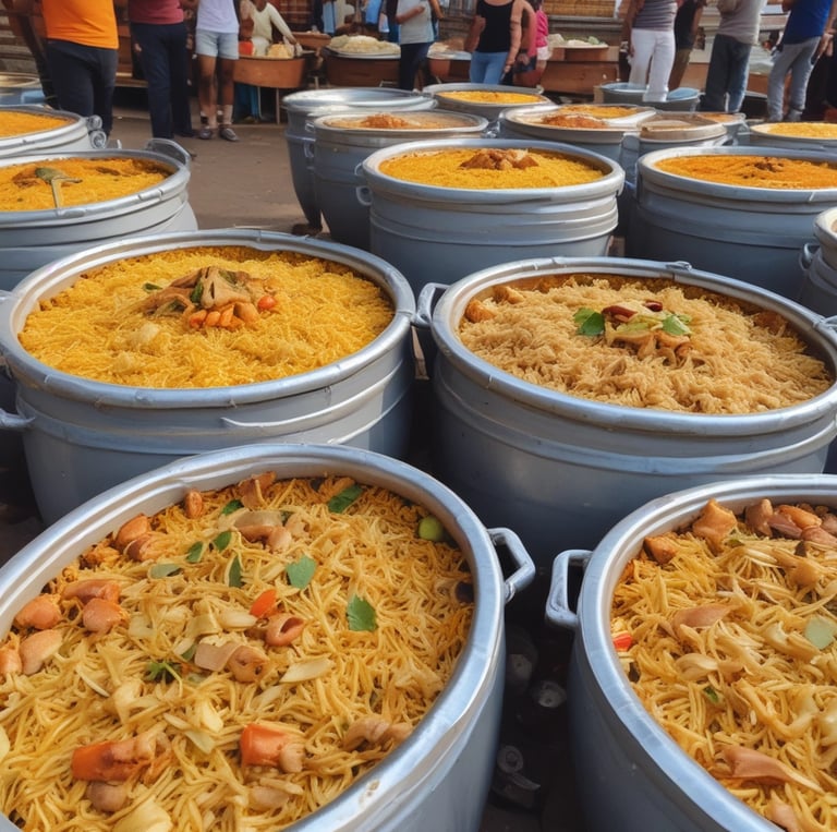 Plastic containers filled with assorted food items, including rice, vegetables, and breaded fried pieces wrapped in foil. The arrangement appears to be a collection of neatly organized meals ready for distribution or consumption.