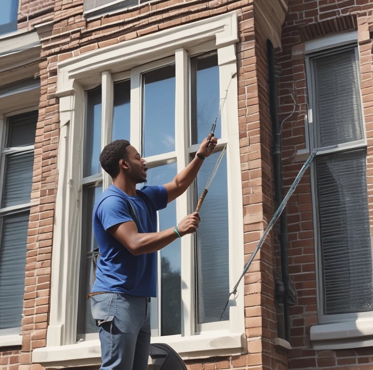 A worker is suspended on ropes, cleaning the windows of a large brick building. The person is equipped with cleaning gear, including a brush and a safety harness attached to a bucket of supplies. The window panes have visible streaks being cleaned, contrasted against the industrial background of brick and metal.