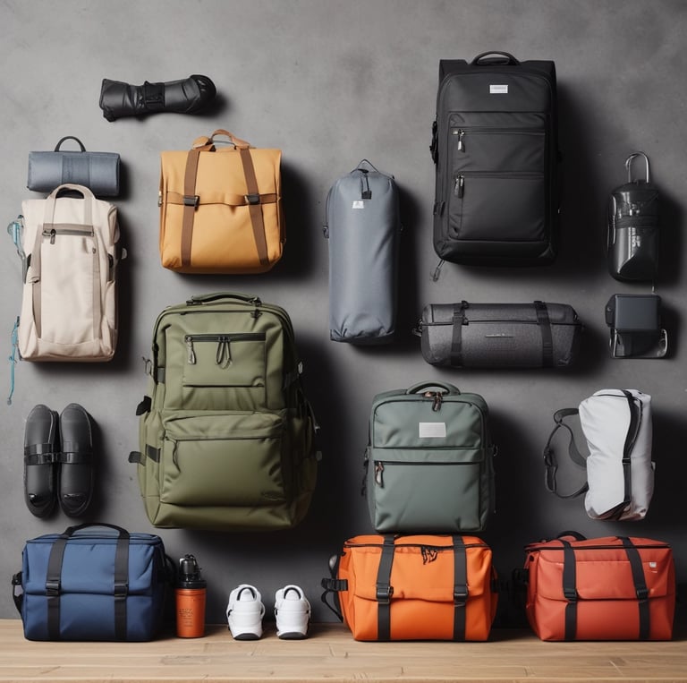An open suitcase filled with neatly packed clothes, a smartphone displaying a banking app, a notebook with a pen on top, a digital camera, and sunglasses. The suitcase is organized and ready for travel.