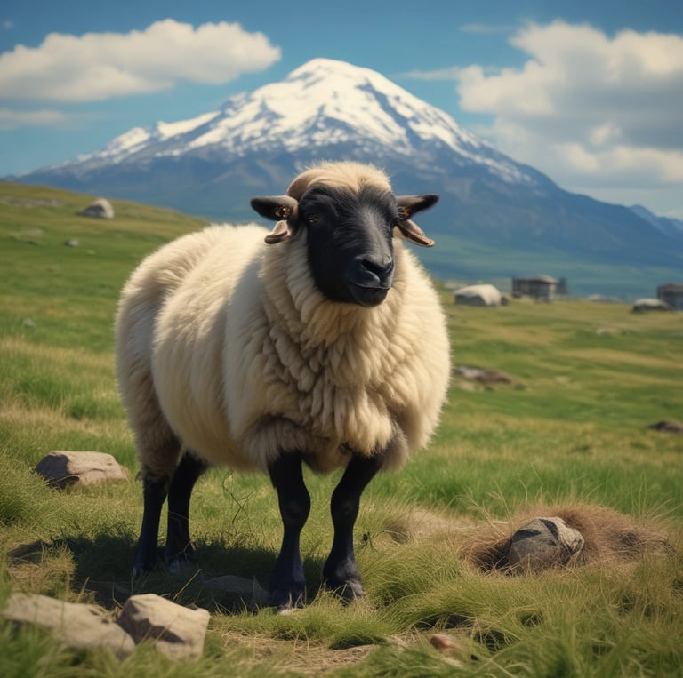 A sheep with large, curled horns stands among rocky terrain. Its wool is thick and off-white with darker patches on its face and neck. Sparse green vegetation is visible amidst the gray and brown rocks.