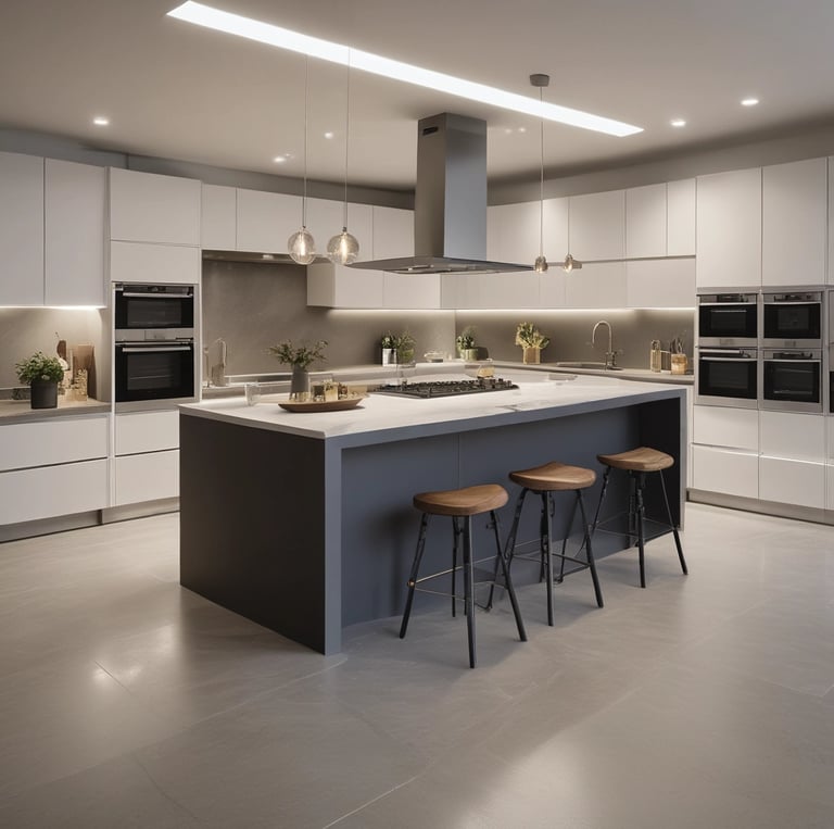 white wooden kitchen island and cupboard cabinets near glass panel door