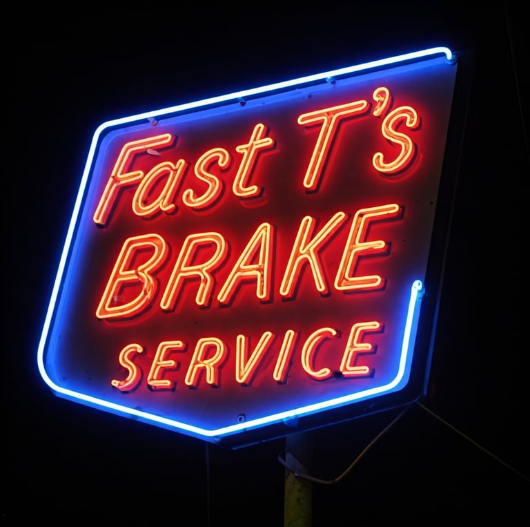 Neon sign that says "Fast T's Brake Service"