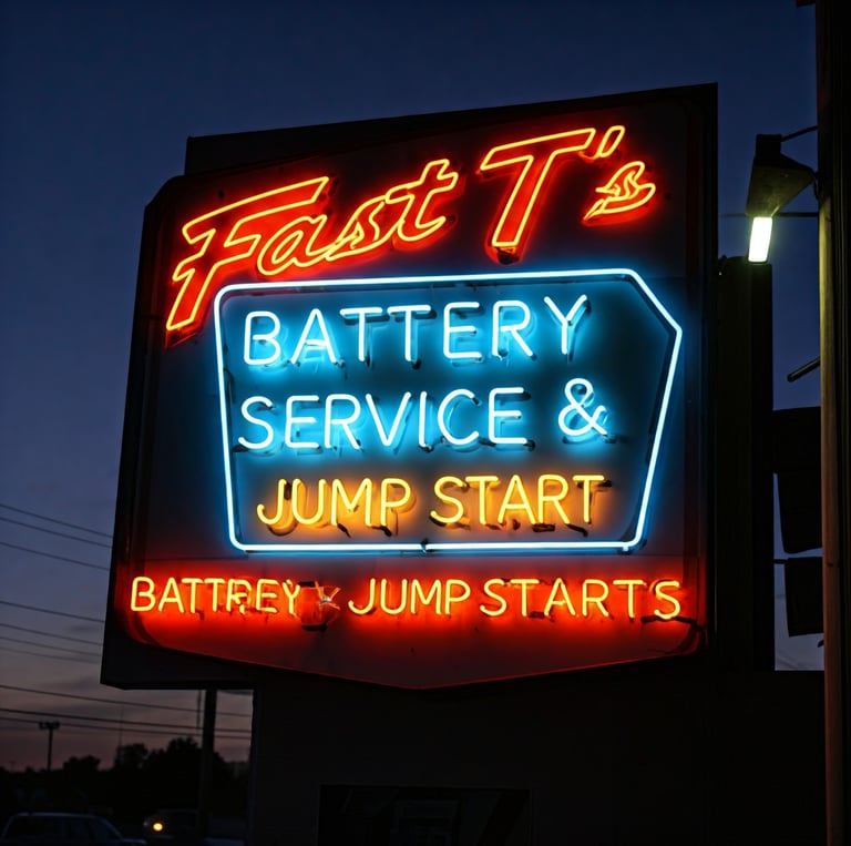 Neon sign at auto shop that says "Fast T's Battery Service & Jump Starts"