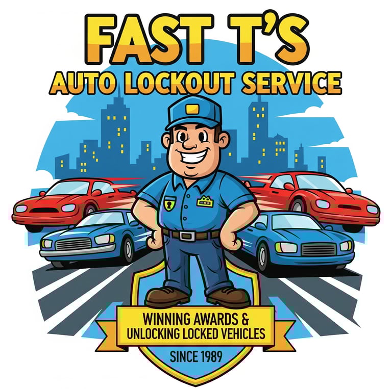 Fast T's Lockout Service van with a locksmith in front of it holding a sign that says Fast T's Auto Lockout Service