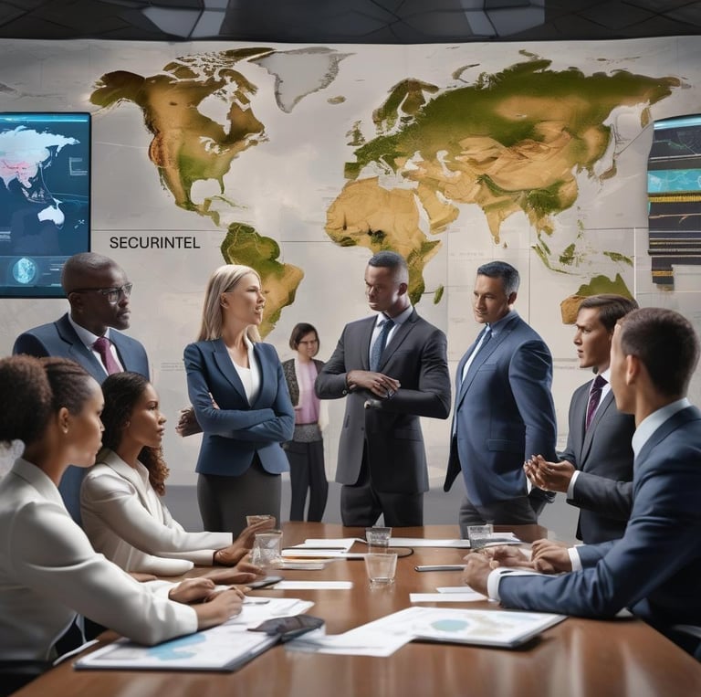 a group of business people in suits and ties standing around a table