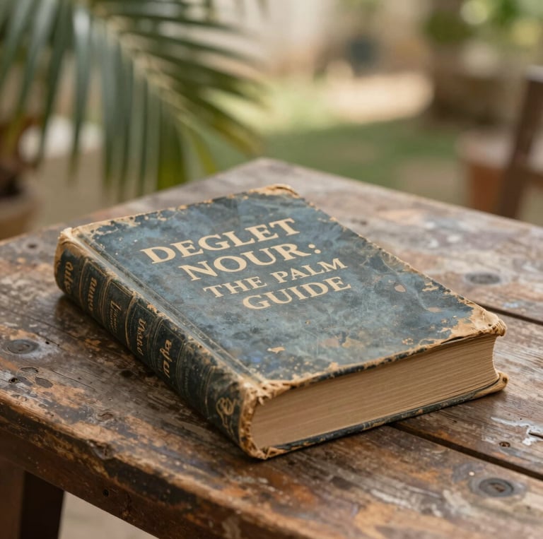A cozy reading nook surrounded by palm leaves and farming tools, bathed in soft natural light.