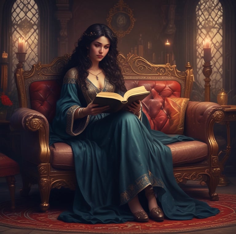 A person with long hair is sitting on a sofa, absorbed in reading a book titled 'Dune'. The room features a floral-patterned wallpaper, and a soft light from a nearby lamp creates a cozy atmosphere.