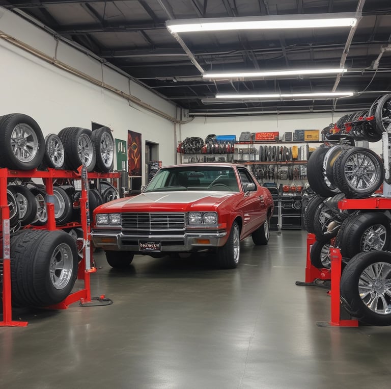 A dimly lit auto repair garage with two yellow cars, one on a lift and another below it. Various car parts, tools, and equipment are scattered around. A person is working at a desk on the right, while another person walks in the center. Shelves on the left are filled with tires and other items.