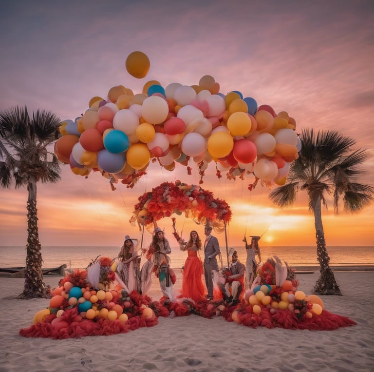 An outdoor setting features colorful inflatable play structures and a decorative balloon arch. A table draped with a pink and white skirt holds electronic equipment, possibly a photo booth setup. In the background, lush greenery and a partly cloudy sky are visible, creating a festive atmosphere.