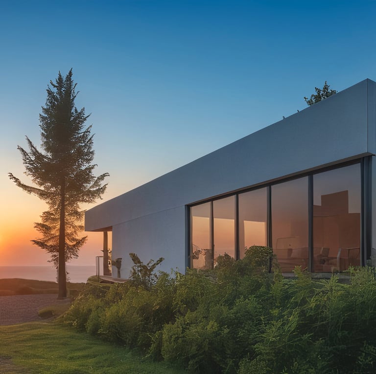 a house with a view of the sun setting