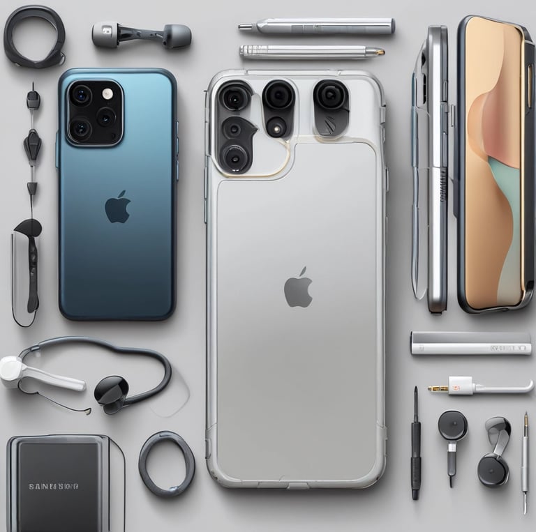 A retail store interior featuring a poster for phone repair, showcasing various smartphone images and the slogan 'You Break It, We Fix It!'. An ATM machine is positioned nearby, and a glass display case contains various products such as watches and small electronic items. Shelves under the counter hold boxed products.