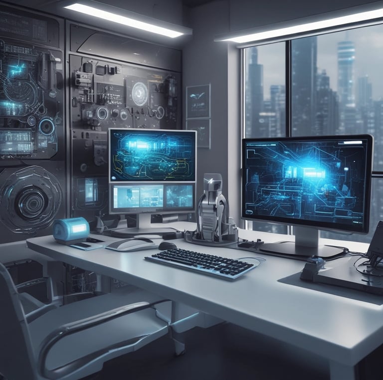 A sleek, futuristic workspace with glowing AI-themed icons and a laptop displaying AI software dashboards.