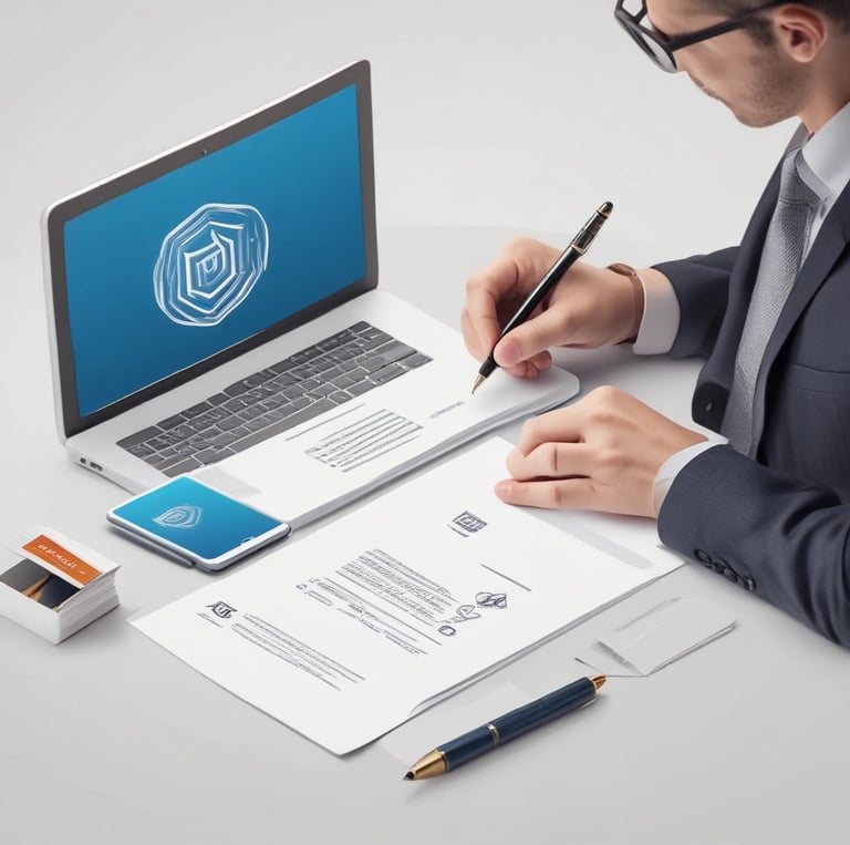 A hand holds a black business card with white text reading 'FORTY TWO Strategy Innovation Design' against a blurred urban skyline backdrop. The sky is clear and blue, suggesting a bright day.