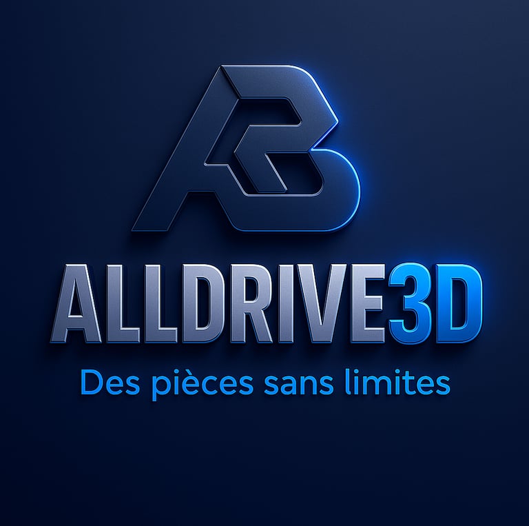 Logo AllDrive3D avec le slogan Des pièces sans limites, design bleu métallique moderne