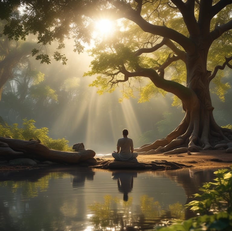 An arrangement of mystical and spiritual items on a soft white fabric. A notebook with intricate designs featuring an eye symbol, alongside a tarot card depicting a seated figure. A wooden incense holder, a crystal, and a small bottle of essential oil or perfume are nearby. A decorative stone with black patterns and a bundle of dried herbs rest on a small black dish. A woven fabric with sun and moon designs is draped in the background.